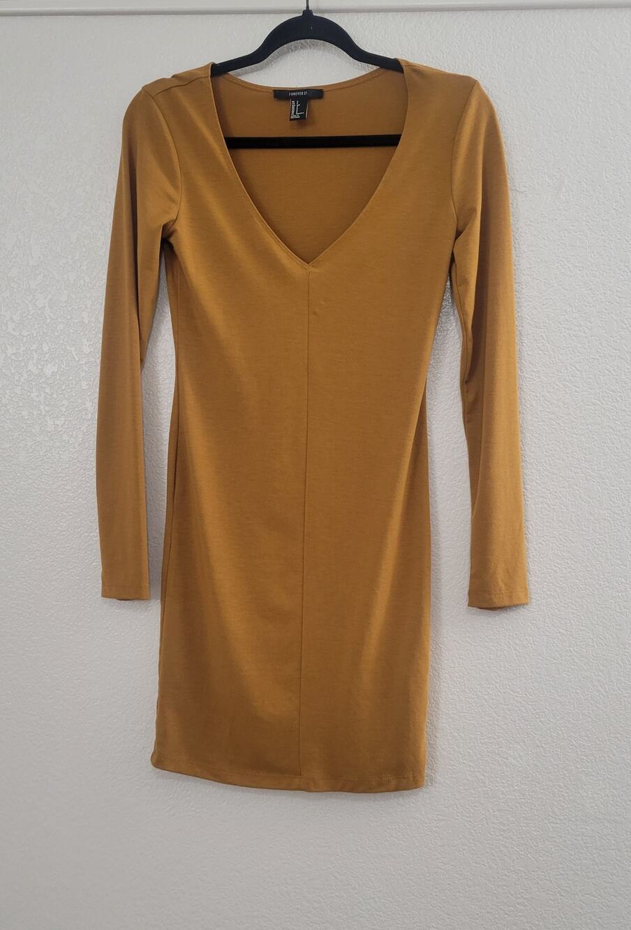 Forever 21 Womens Small Mustard Bodycon Mini Dress Long Sleeve Stretch V Neck